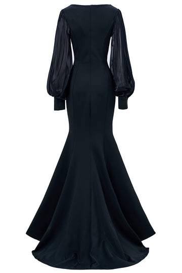 Mermaid Long Sleeve Embroidered Black Formal Dress